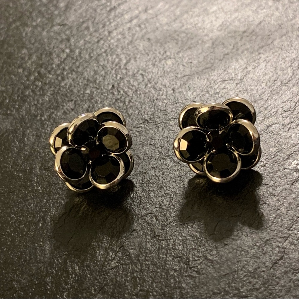 Black Beaded Rose Flower Stud Earrings with Silver Tone Trim - Picture 3 of 9